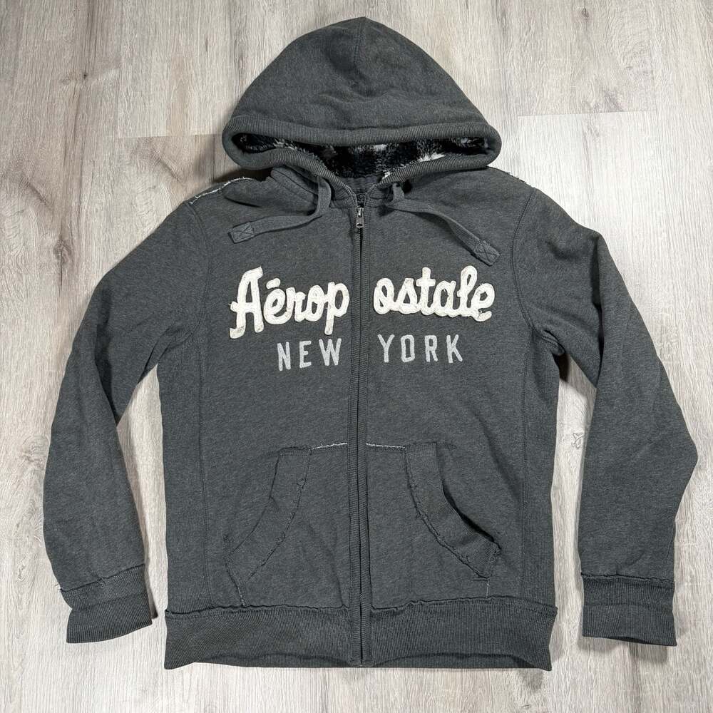 Mens Y2K Aeropostale New York Full-Zip Hoodie with Plaid Faux Fur Lining XS